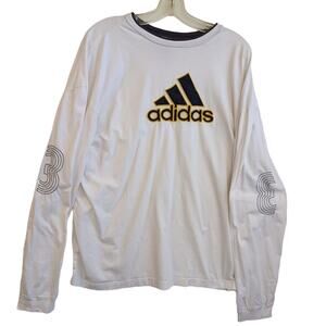 XL Adidas T Shirt Big Logo Mesh Embroidered Long Sleeve White Vintage Tiny Flaw